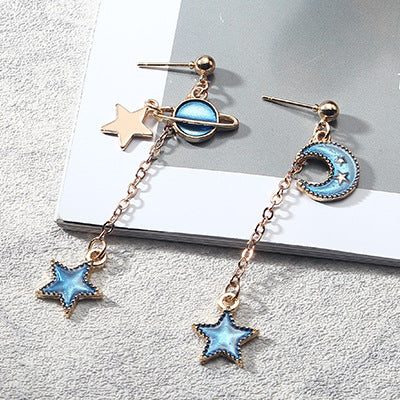 Japan And South Korea Blue Starry Sky Planet  Asymmetric Earrings