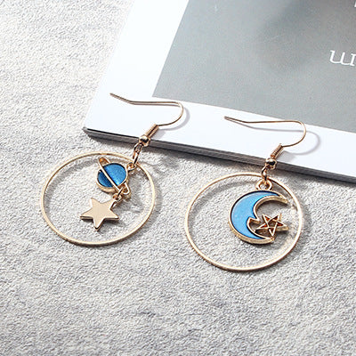 Japan And South Korea Blue Starry Sky Planet  Asymmetric Earrings