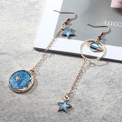 Japan And South Korea Blue Starry Sky Planet  Asymmetric Earrings