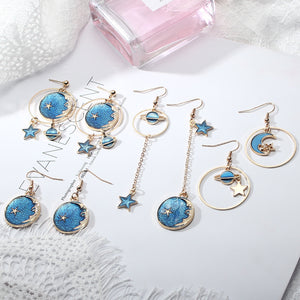 Japan And South Korea Blue Starry Sky Planet  Asymmetric Earrings