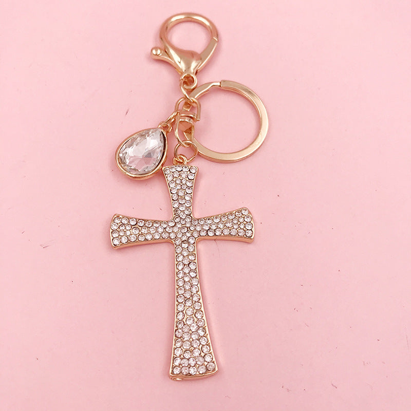 Hot Sale Christian Water Drop Diamond Cross Keychain Metal Pendant Female Bag Accessories