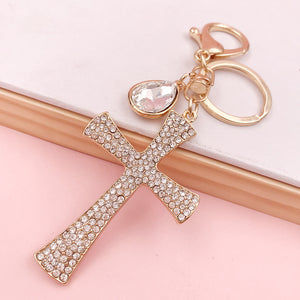 Hot Sale Christian Water Drop Diamond Cross Keychain Metal Pendant Female Bag Accessories