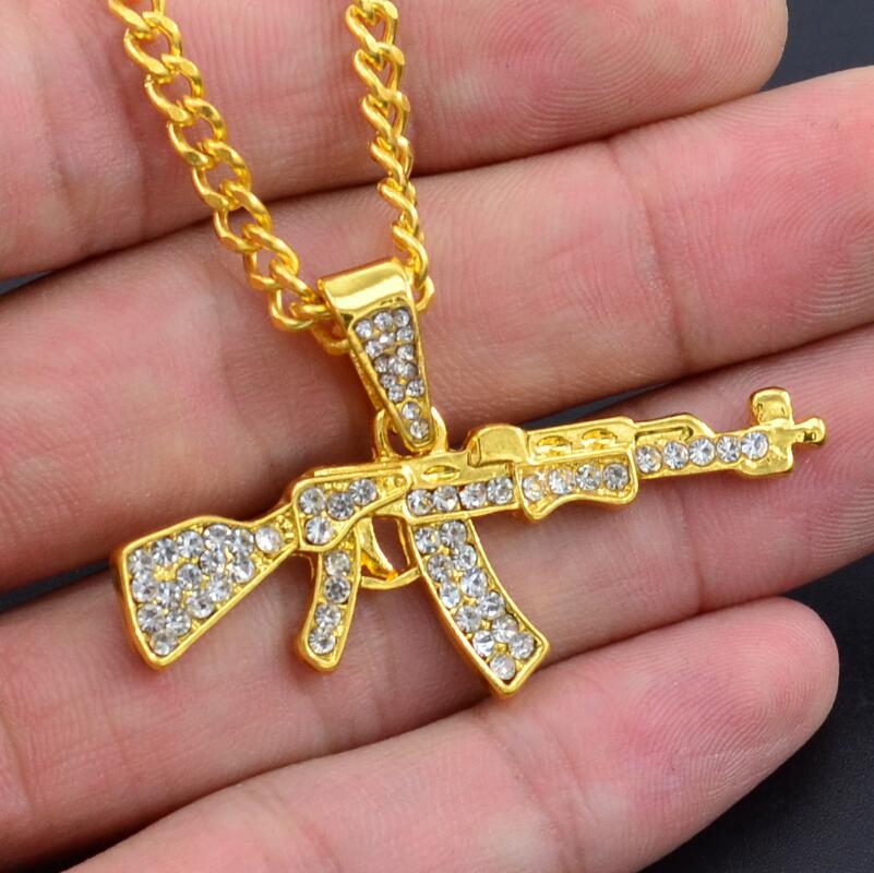 Cool Gothic Gun Shape Pendant Rhinestone Army Style Male Necklace Men Necklaces Jewelry