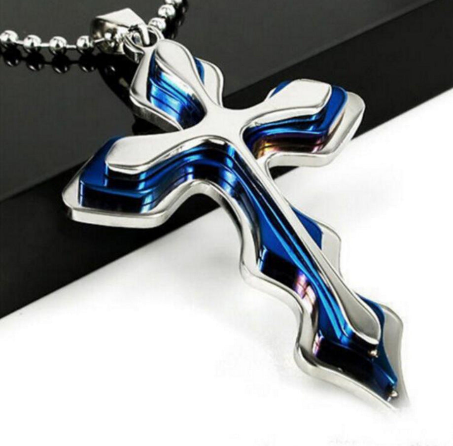 Fashion Necklace Men Creative Three-tiered Blue and Black Cross Pendant 50cm Beads Chain Necklace Jewelry Gifts for Men