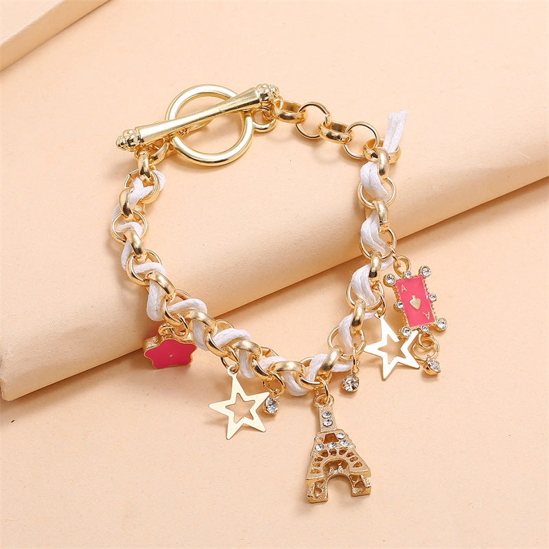 Temperament Fashion Iron Tower Stars Flowers Playing Cards Female Leather Rope Bracelets