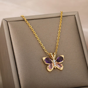 Cute Butterfly Necklace For Women Crystal Purple Butterfly