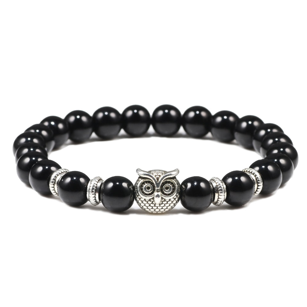 Black Lava Tiger Eye Weathered Stone Bracelets Bangles Classic Owl Beaded Natural Charm