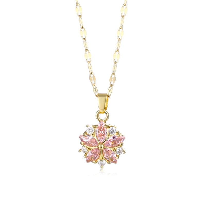 Pink Crystal Sakura Pendant Stainless Steel Necklaces For Women