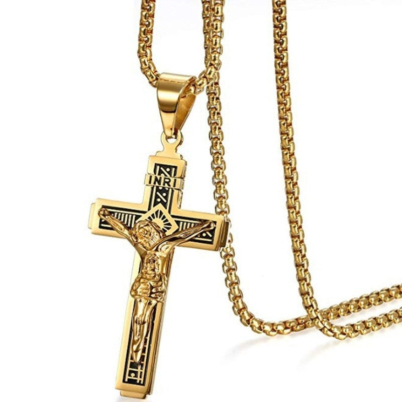 Christian Jesus Crucifix Men Necklace Gold Plated Cross Religious Pendant Necklace with Chain