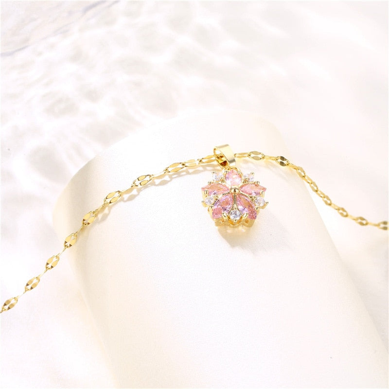 Pink Crystal Sakura Pendant Stainless Steel Necklaces For Women