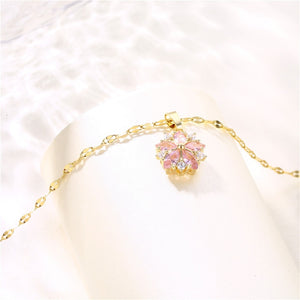 Pink Crystal Sakura Pendant Stainless Steel Necklaces For Women