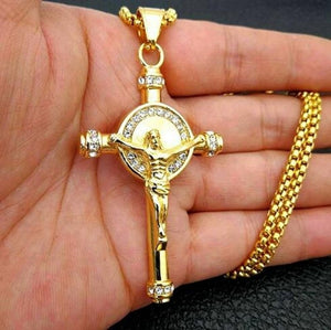 Christian Jesus Crucifix Men Necklace Gold Plated Cross Religious Pendant Necklace with Chain