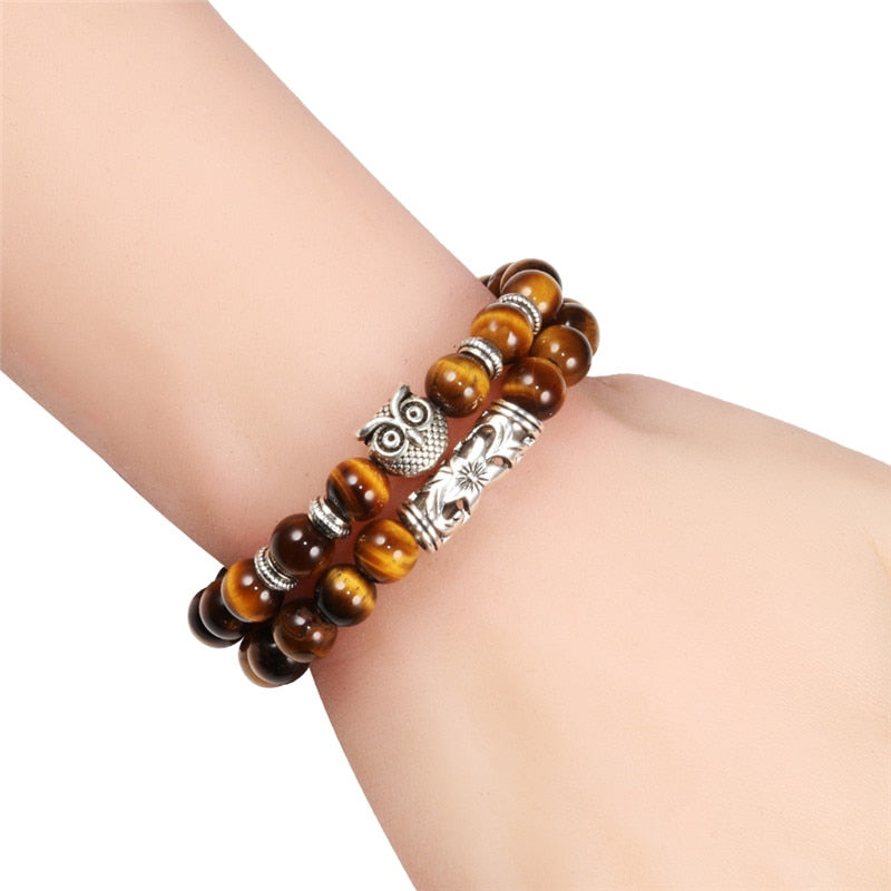 Black Lava Tiger Eye Weathered Stone Bracelets Bangles Classic Owl Beaded Natural Charm