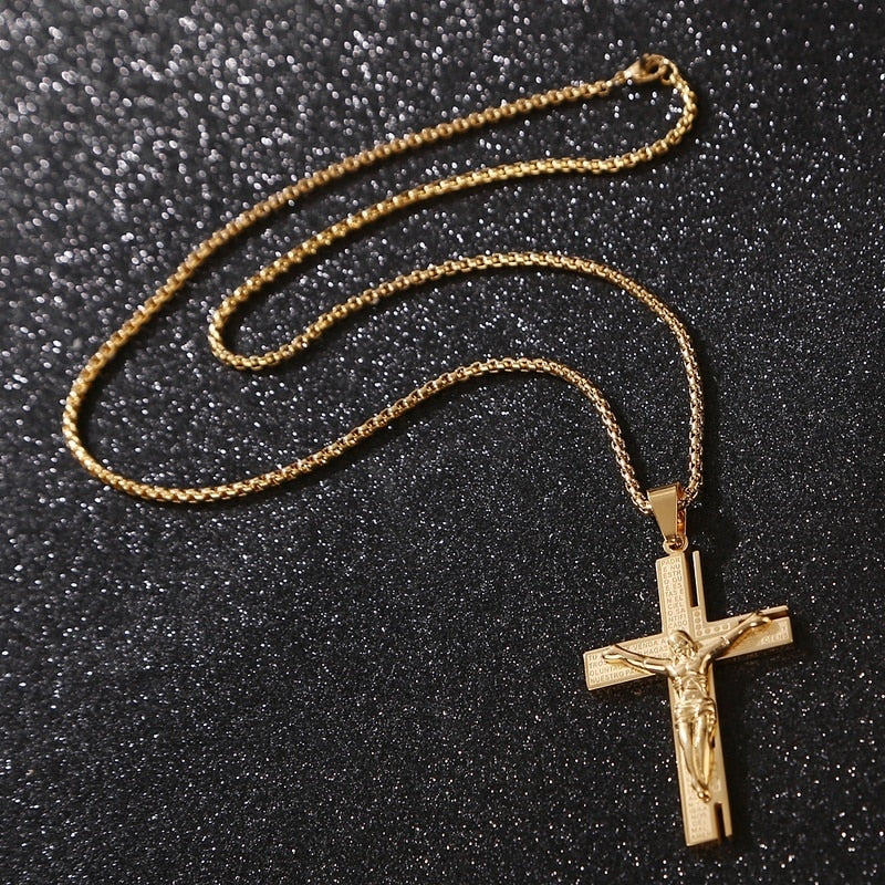 Christian Jesus Crucifix Men Necklace Gold Plated Cross Religious Pendant Necklace with Chain