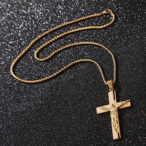 Christian Jesus Crucifix Men Necklace Gold Plated Cross Religious Pendant Necklace with Chain