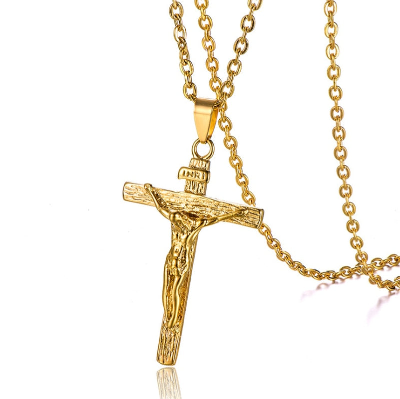 Christian Jesus Crucifix Men Necklace Gold Plated Cross Religious Pendant Necklace with Chain