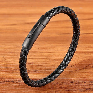 New Classic Style Men Leather Bracelet Simple Black Stainless Steel