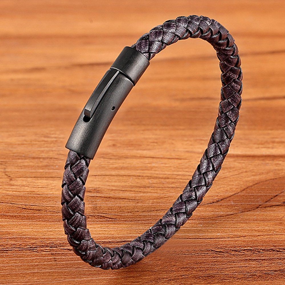 New Classic Style Men Leather Bracelet Simple Black Stainless Steel