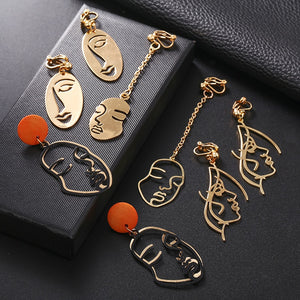 Hollow Out Face Clip Earrings Without Piercing Girls Statement Charm Earrings