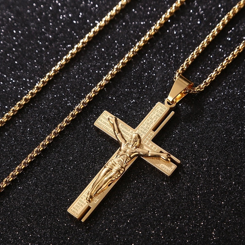 Christian Jesus Crucifix Men Necklace Gold Plated Cross Religious Pendant Necklace with Chain