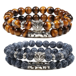 Black Lava Tiger Eye Weathered Stone Bracelets Bangles Classic Owl Beaded Natural Charm