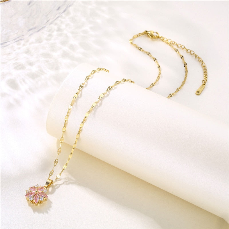 Pink Crystal Sakura Pendant Stainless Steel Necklaces For Women