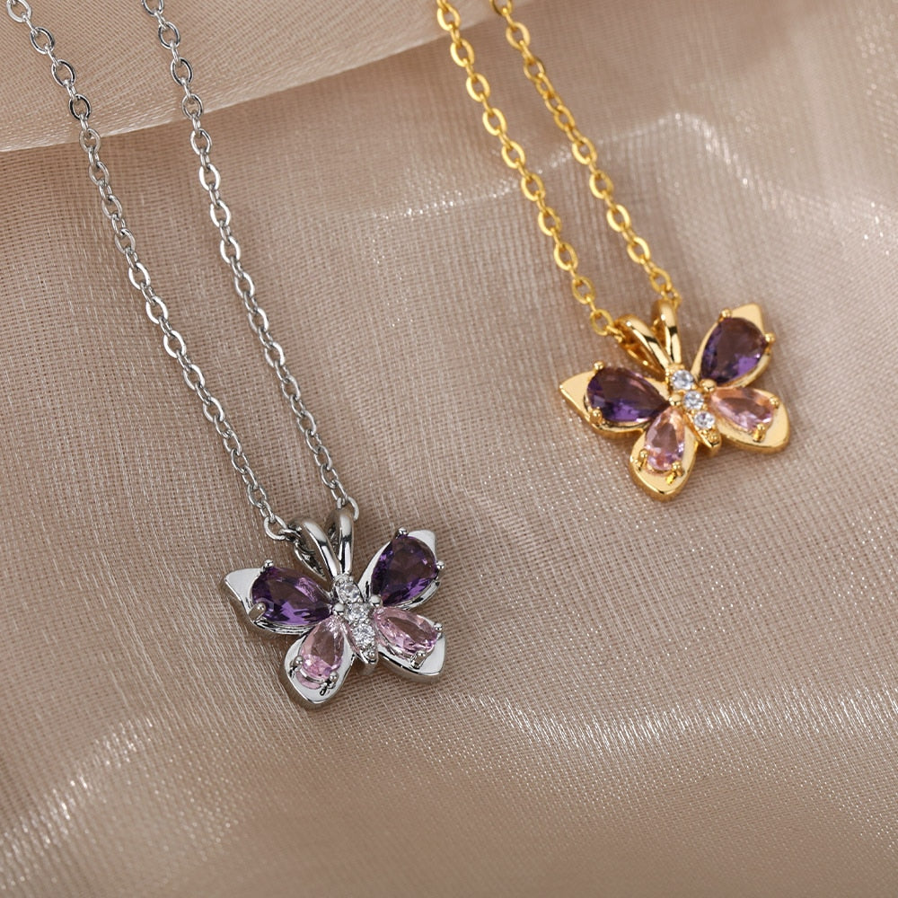 Cute Butterfly Necklace For Women Crystal Purple Butterfly