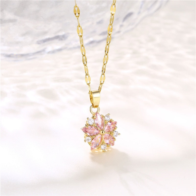 Pink Crystal Sakura Pendant Stainless Steel Necklaces For Women