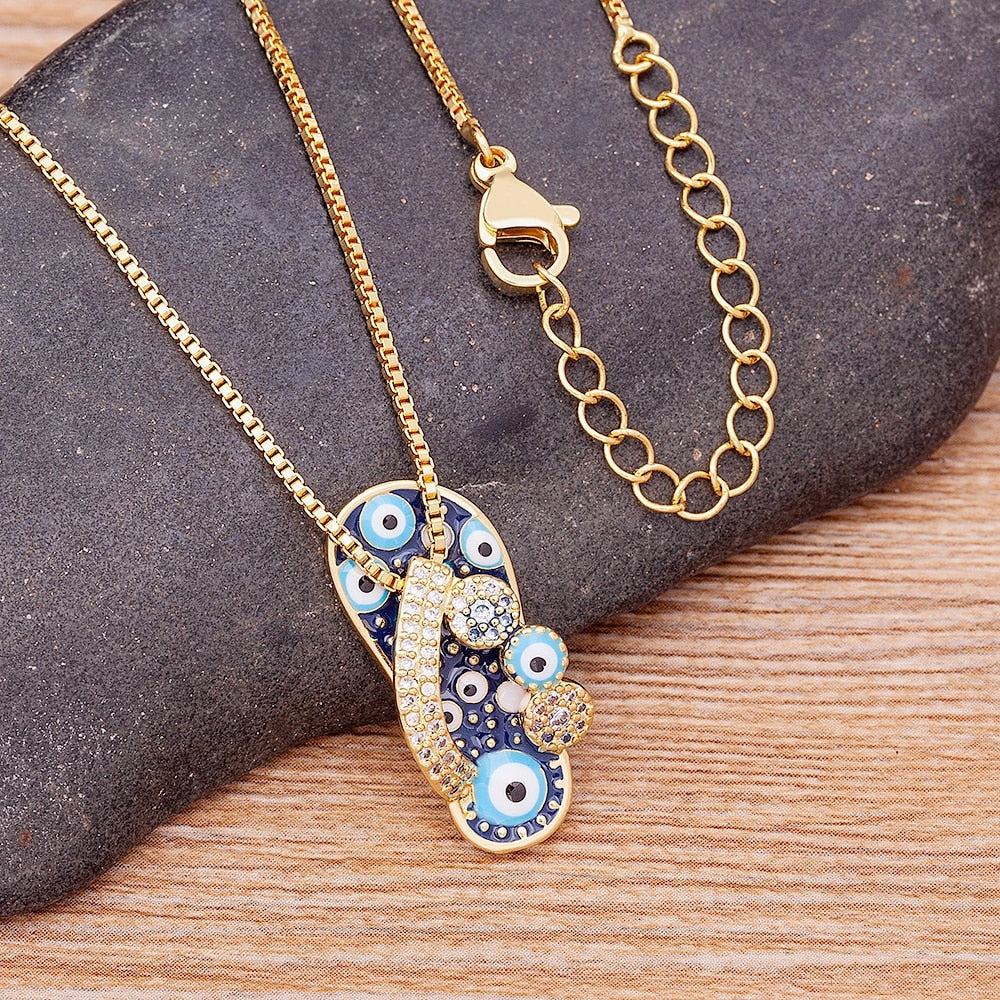 Slipper Pendant For Women Blue Evil Eye Necklace Chain Gold Plated Party Summer Jewelry