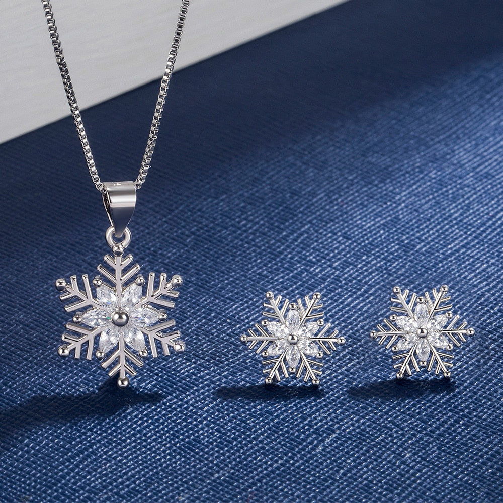 925 Silver Needle Stud Earrings Crystal Snowflake Pendant Necklace