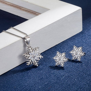 925 Silver Needle Stud Earrings Crystal Snowflake Pendant Necklace