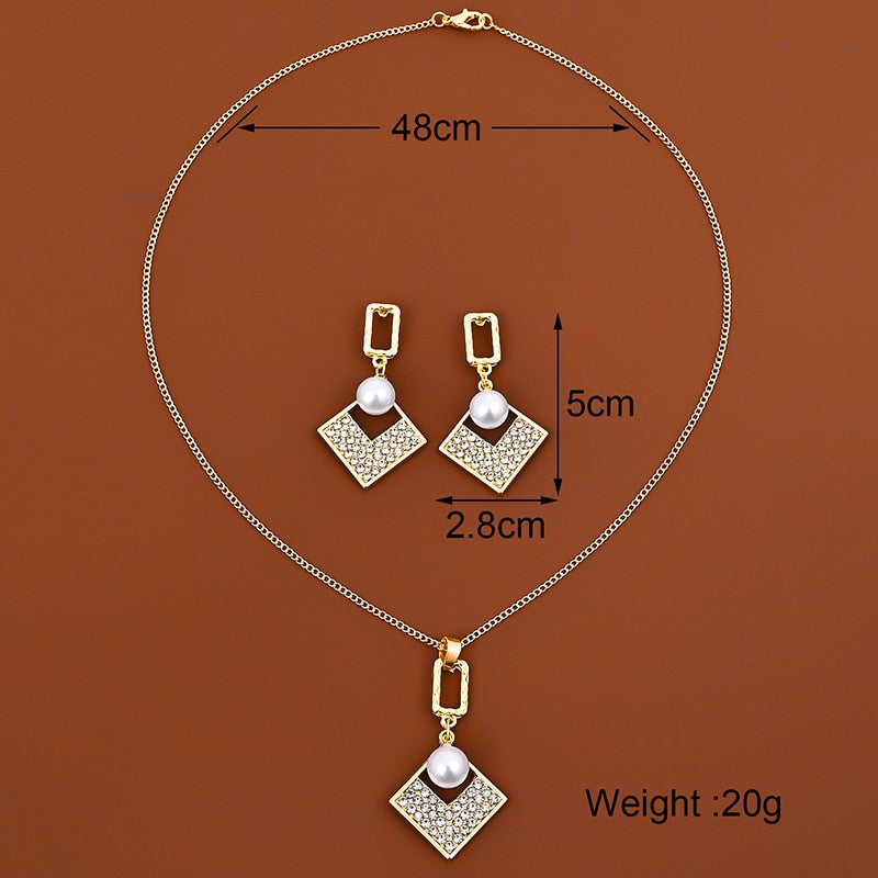 Simulated Pearl Wedding Jewelry Sets Geometric Pendant Chains Necklace Earrings for Women