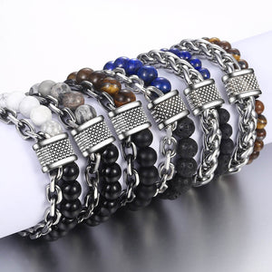 New Men Tiger Eye Stone Beaded Bracelet Stainless Steel