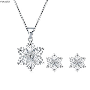 925 Silver Needle Stud Earrings Crystal Snowflake Pendant Necklace