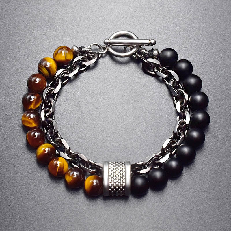 New Men Tiger Eye Stone Beaded Bracelet Stainless Steel