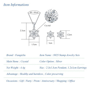 925 Silver Needle Stud Earrings Crystal Snowflake Pendant Necklace