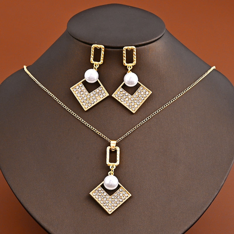 Simulated Pearl Wedding Jewelry Sets Geometric Pendant Chains Necklace Earrings for Women