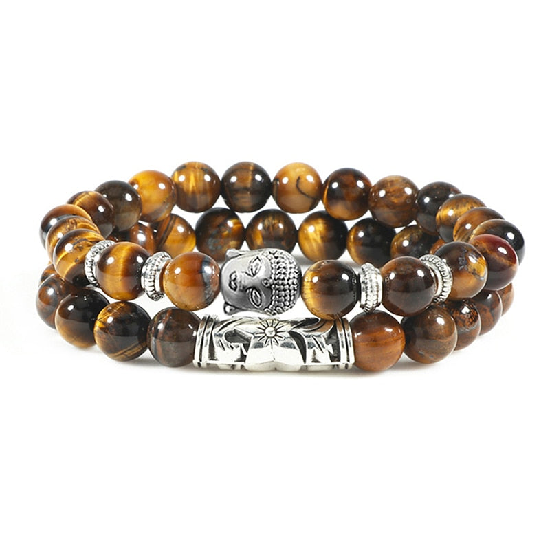 Buddha Head Bracelet for Women and  Men Natural Tiger Eye Lava Stone