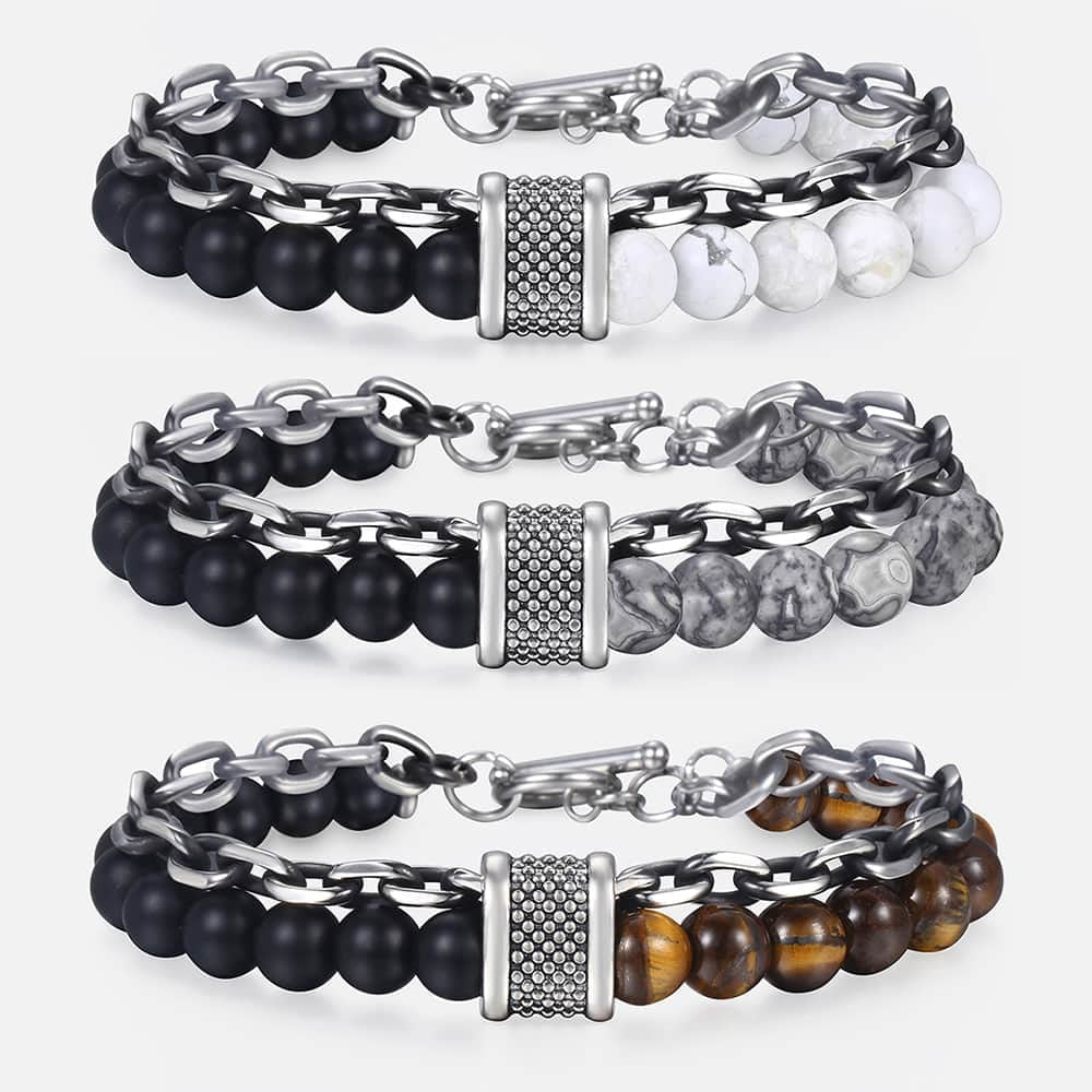 New Men Tiger Eye Stone Beaded Bracelet Stainless Steel