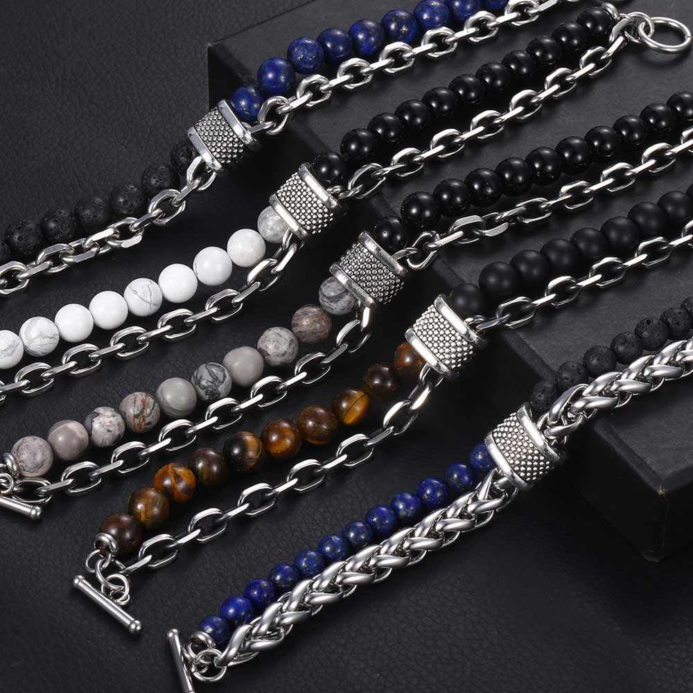 New Men Tiger Eye Stone Beaded Bracelet Stainless Steel