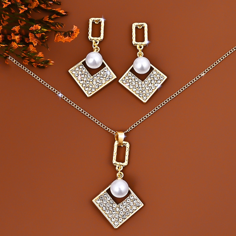 Simulated Pearl Wedding Jewelry Sets Geometric Pendant Chains Necklace Earrings for Women