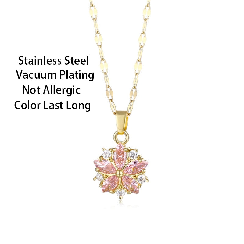 Pink Crystal Sakura Pendant Stainless Steel Necklaces For Women