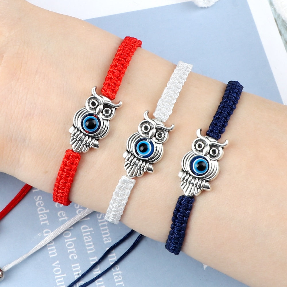 Braided Bracelets Colorful Vintage Blue Evil Eye Charm Owl