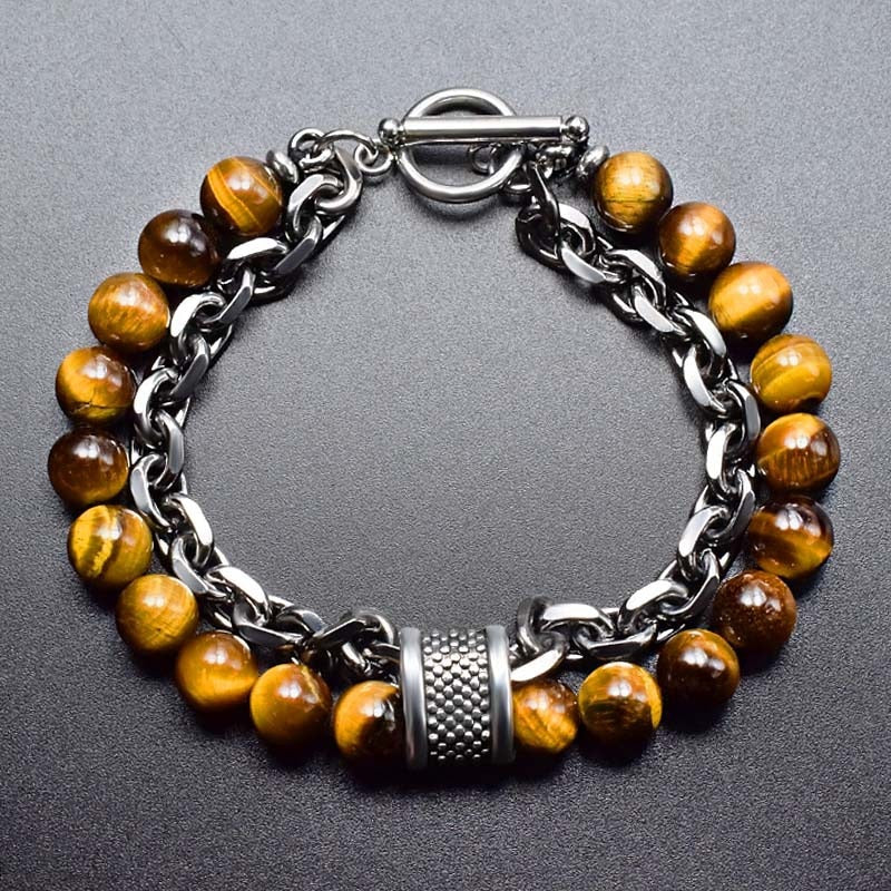 New Men Tiger Eye Stone Beaded Bracelet Stainless Steel