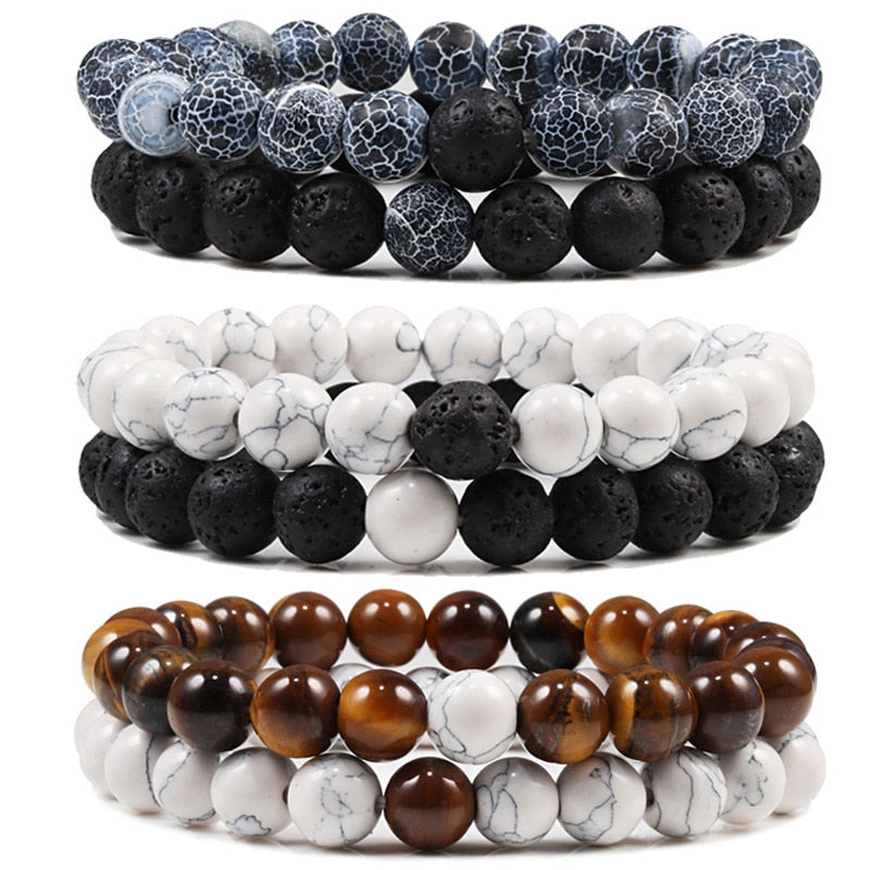 Couples Distance Bracelet Set Black White Natural Lava Stone Tiger Eye Bracelet