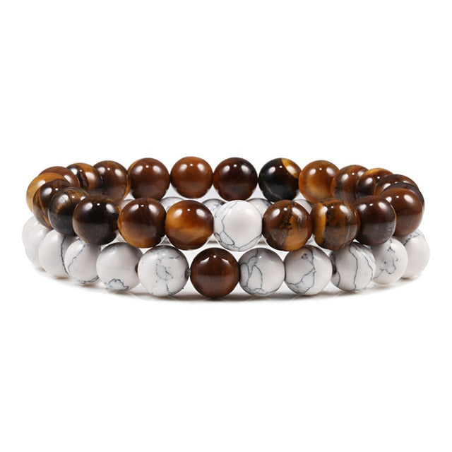 Couples Distance Bracelet Set Black White Natural Lava Stone Tiger Eye Bracelet